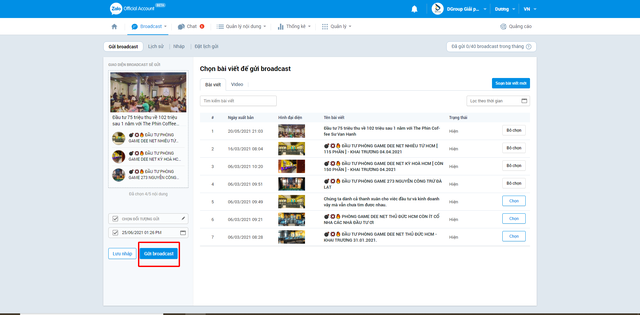 Gửi tin broadcast miễn phí
