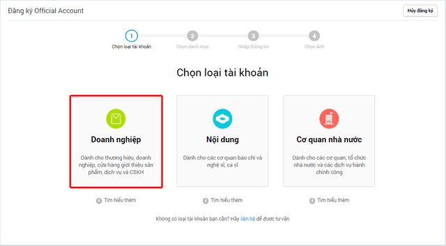 chọn loại tài khoản zalo OA chọn loại tài khoản zalo OA