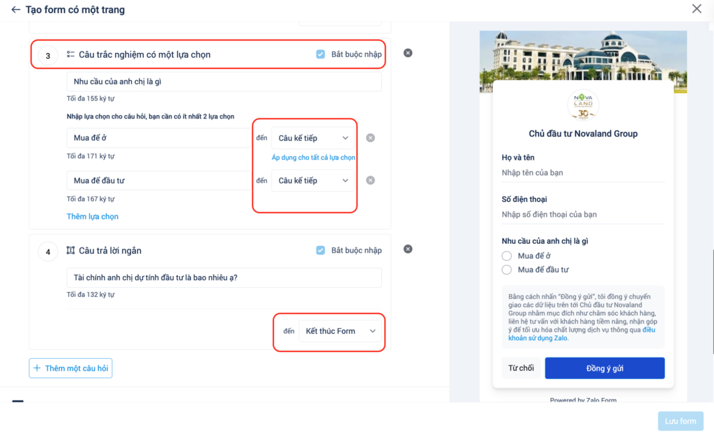 Thiết lập câu hỏi logic cho zalo form bước 4