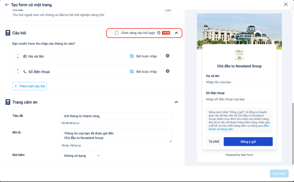 Thiết lập câu hỏi logic cho zalo form bước 3