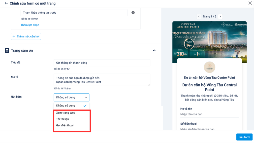 Thiết lập trang cảm ơn quảng cáo form
