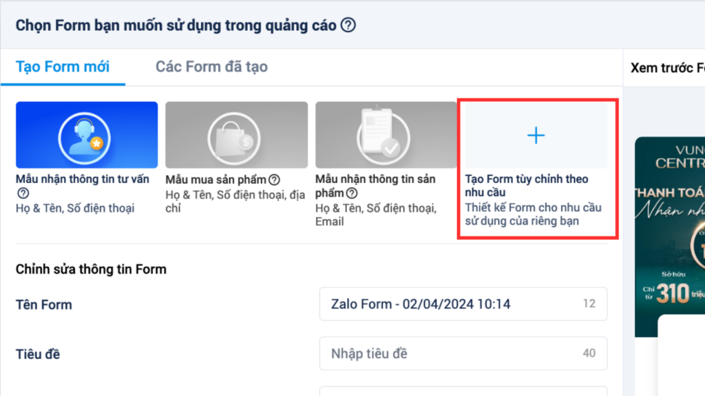 Thiết lập quảng cáo zalo form - form tuỳ chỉnh