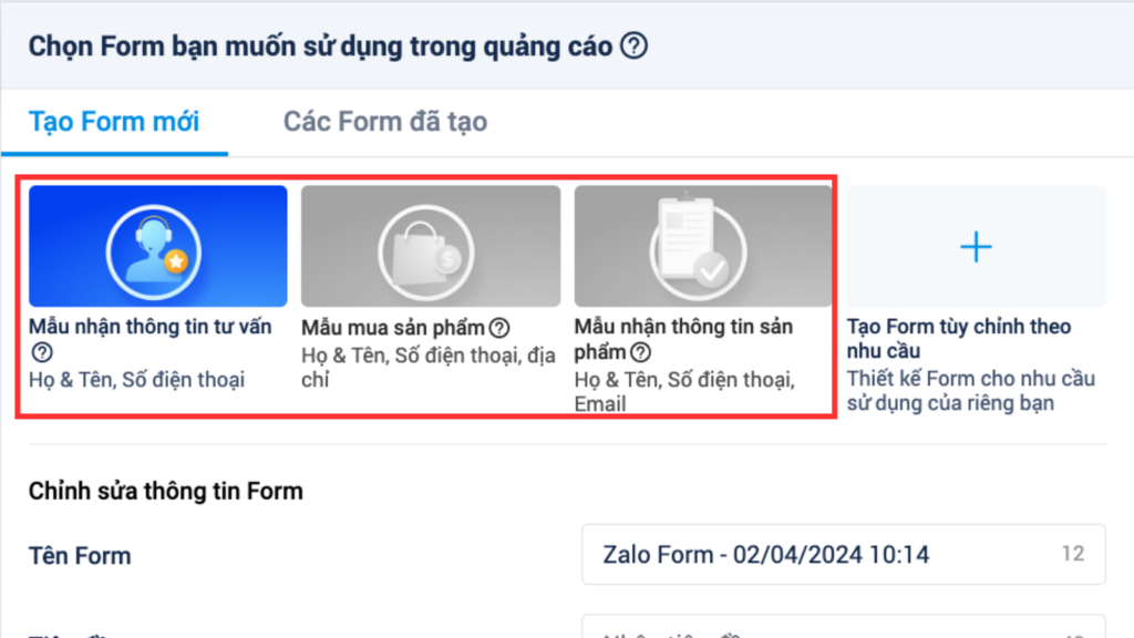 zalo ads - form tạo sẳn